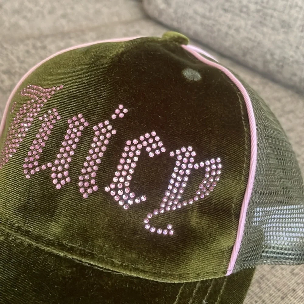 Juicy Couture Olive Green Velour Velvet Baseball Cap with Pink Crystal Logo‎